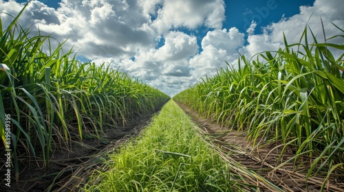 Green sugarcane field under blue sky with white clouds.