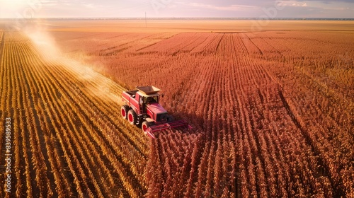 A combine harvester is harvesting a field of wheat