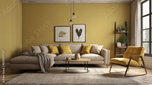 Modern Scandinavian yellow home interior design characterized by an elegant living room featuring a comfortable sofa, mid century furniture, cozy carpet, wooden floor, white walls, and home plants © sanstudio
