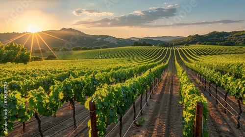 The image shows a beautiful sunset over a lush, green vineyard