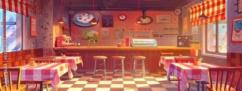 The interior of a modern pizzeria with a seller's counter and tables for visitors. Cartoon illustration.