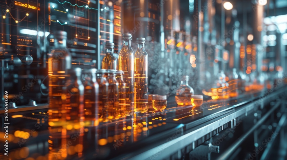 A computer generated image of a factory floor with many bottles A computer generated image of a factory floor with many bottles