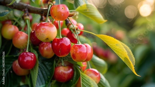 Wallpaper Mural A close-up image of a cluster of ripe cherries hanging on a tree branch Torontodigital.ca