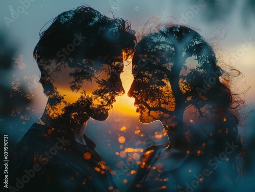 Eternal Romance: Double Exposure Silhouette of Couple at Sunset with Vivid Hues, Close-Up Focus and Copy Space © Phonthip