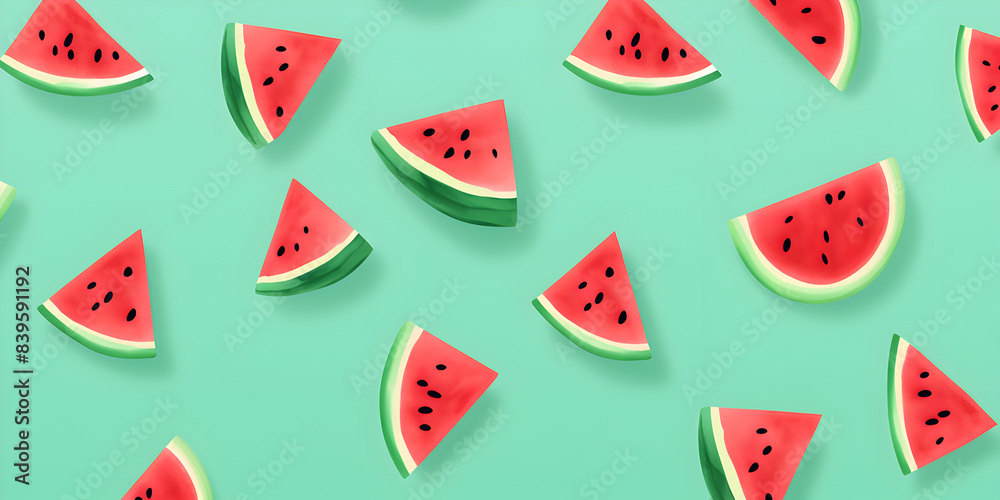 Seamless pattern of watermelon on pastel green background 