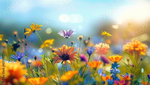 Colorful Flower Meadow with Sunbeams  Blue Sky  and Bokeh Lights  Summer Nature Background