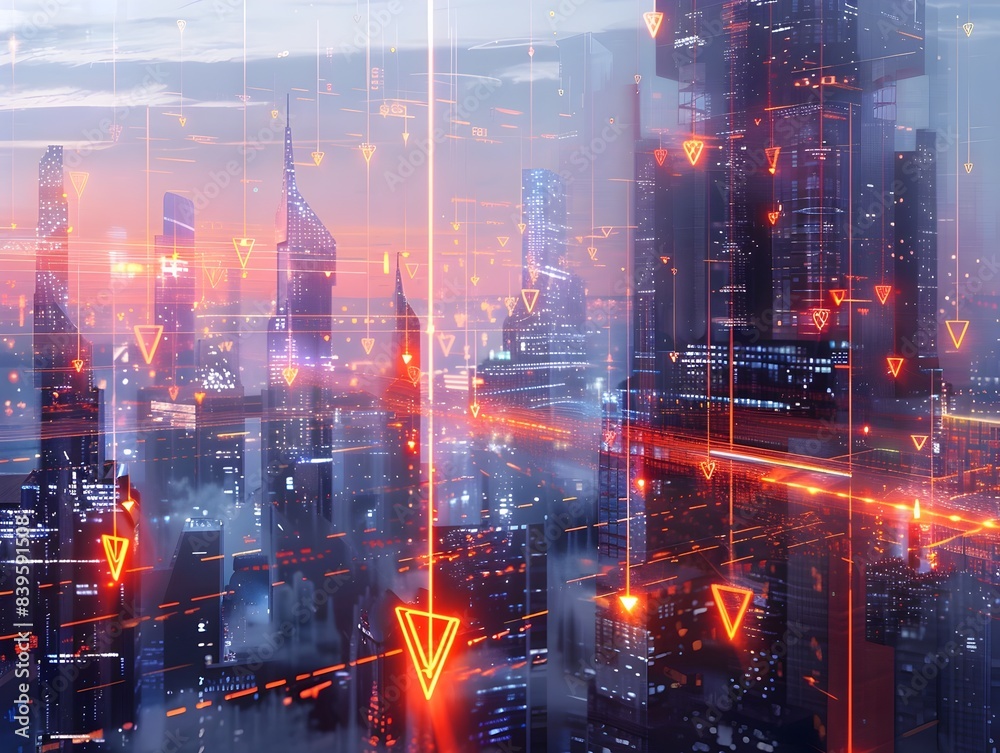 Fototapeta premium Futuristic 3D Cityscape with Holographic Arrows Signaling Investment Growth