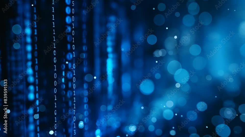 A digital background with vertical streaks of binary numbers (1s and 0s) in shades of blue. The numbers are set against a blurred, bokeh-like background of glowing blue dots.