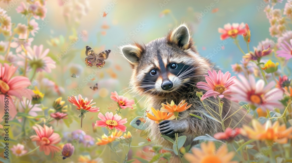 Adorable Raccoon Wandering Through a Cozy Flower Garden