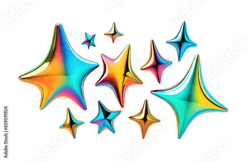 Shiny iridescent chrome stars and sparkles, design elements set, png isolated background