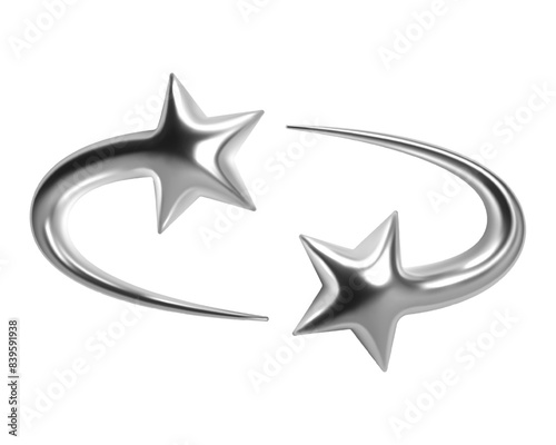 3d chrome shooting star shapes with curved tails. Abstract y2k style, shiny metallic silver surface. Isolated vector elements for retrofuturistic, cosmic, celestial, sci-fi themes, adding sparkle