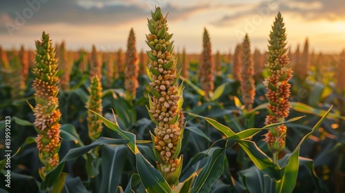A field of sorghum bicolor (milo) at sunset.