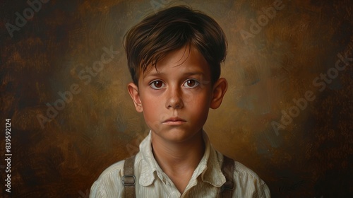 A portrait of a young boy with a shy and bashful expression photo