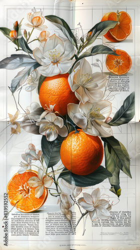 Botanical illustration in vintage style with fruits and flowers of clementine on a sheet of old newspaper or book background. Retro style. Pastel tones. AI Generated
