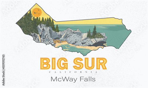 Big sur with california map. Big sur artwork. Adventure at the mountain graphic artwork for t shirt and others. Beach with hill artwork. McWay Falls waterfall in california. photo