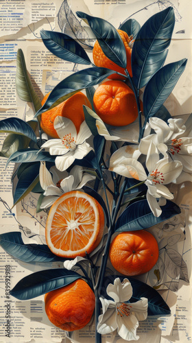 Botanical illustration in vintage style with fruits and flowers of clementine on a sheet of old newspaper or book background. Retro style. Pastel tones. AI Generated