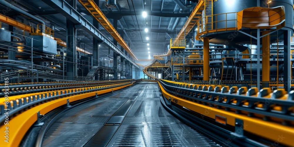 A large industrial building with yellow and orange conveyor belts A large industrial building with yellow and orange conveyor belts