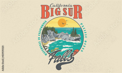 Big sur artwork. Adventure at the mountain graphic artwork for t shirt and others. Beach with hill artwork. Mountain with tree vintage print design. McWay Falls waterfall in california. Pacific ocean.