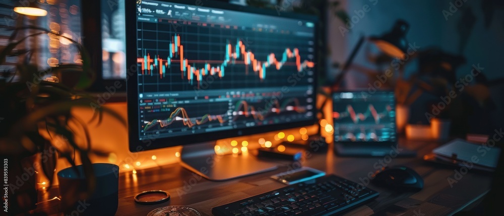 Stock trading charts displayed on desktop setup Stock trading charts displayed on desktop setup