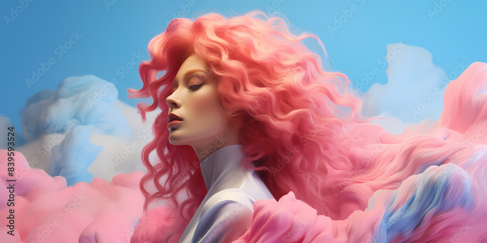 A surreal portrait of a woman with bold pink hair against a fantastical cloud background A surreal portrait of a woman with bold pink hair against a fantastical cloud background