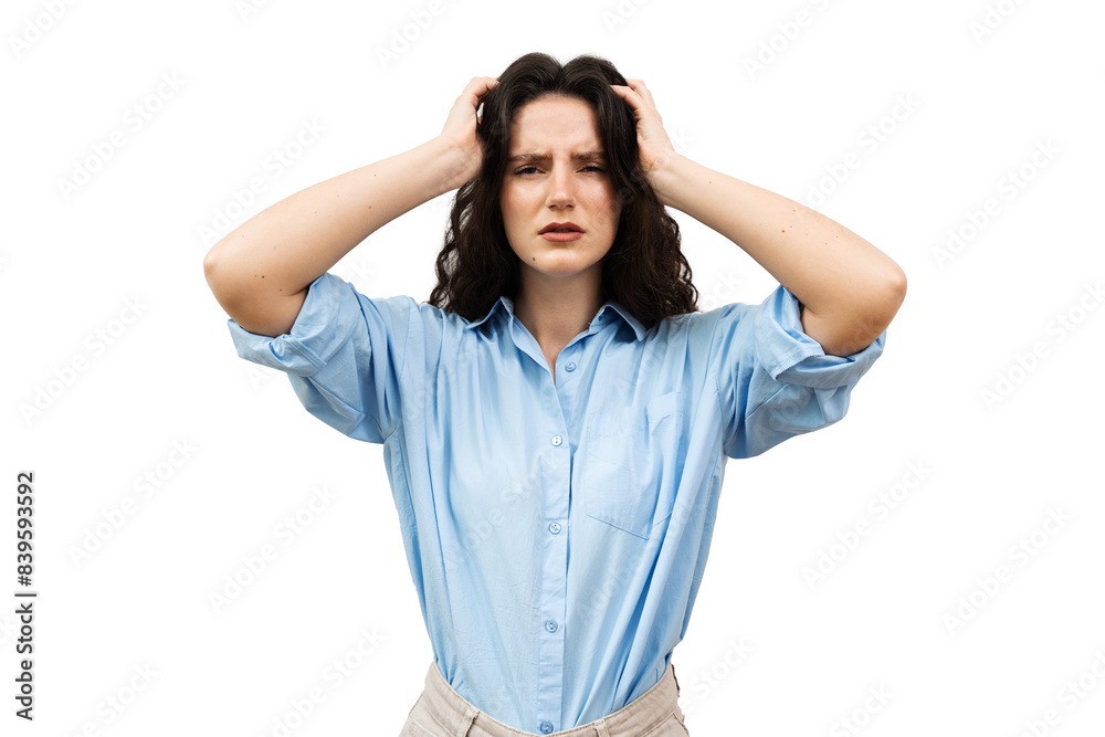 Headache. Migraine Is A Neurologic Disorder That Causes A Strong Headache. Attractive Woman With Migraine Touch Her Had. Stress. Headache. Migraine Is A Neurologic Disorder That Causes A Strong Headache. Attractive Woman With Migraine Touch Her Had. Stress.