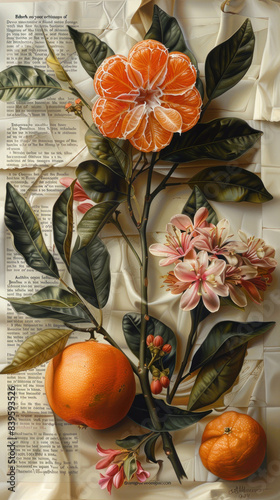 Botanical illustration in vintage style with fruits and flowers of clementine on a sheet of old newspaper or book background. Retro style. Pastel tones. AI Generated