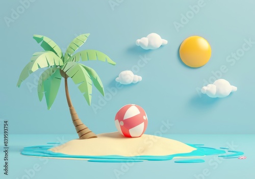 3d cartoon style, summer background with beach ball and palm tree on sand island, sun in sky, simple design