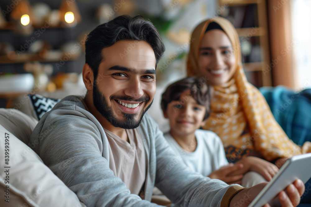Smiling Man Holding Tablet With Family in Living Room Smiling Man Holding Tablet With Family in Living Room