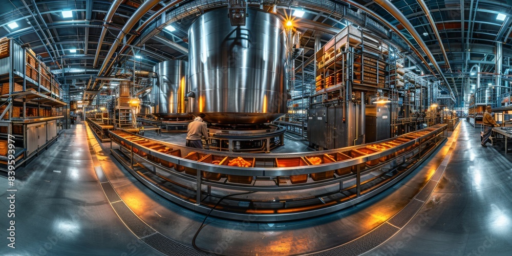 A factory with a man working in the middle of the room A factory with a man working in the middle of the room
