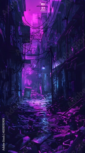 Neon Lit Alley in Destroyed City Glowing in the Dark Minimalist Artwork © wilaiwan