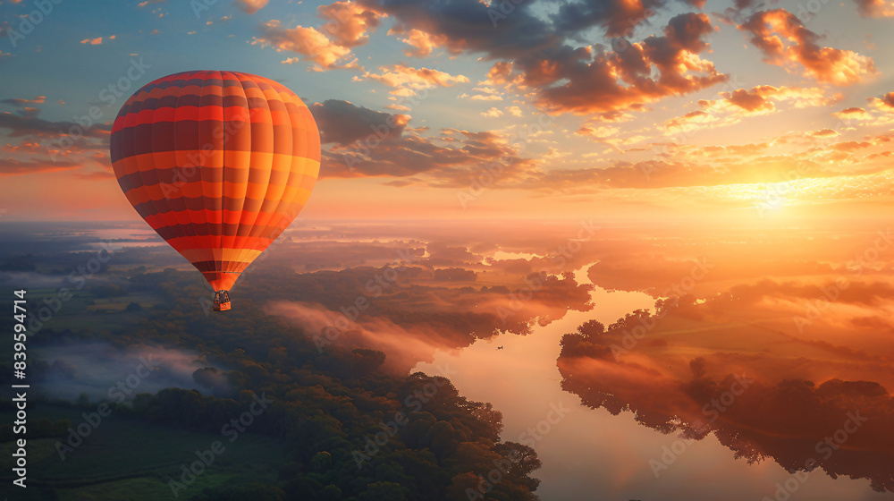 Hot air balloon flying over river at sunset. Generative by AI