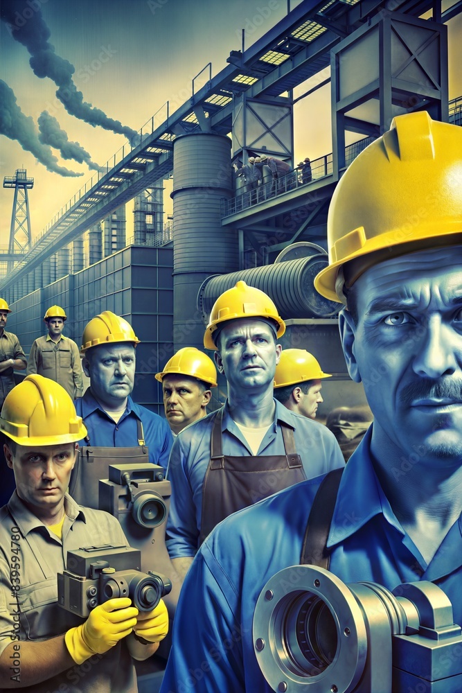 Fototapeta premium Dramatic illustration portraying a diverse group of industrial workers, including a builder holding a banner, symbolizing solidarity and determination in honor of labor day