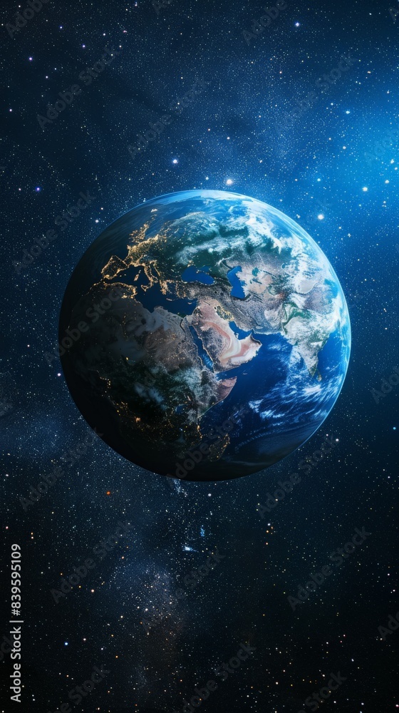 Obraz premium Detailed view of Earth from space highlighting Africa and Europe with city lights. Ideal for geographic and environmental projects