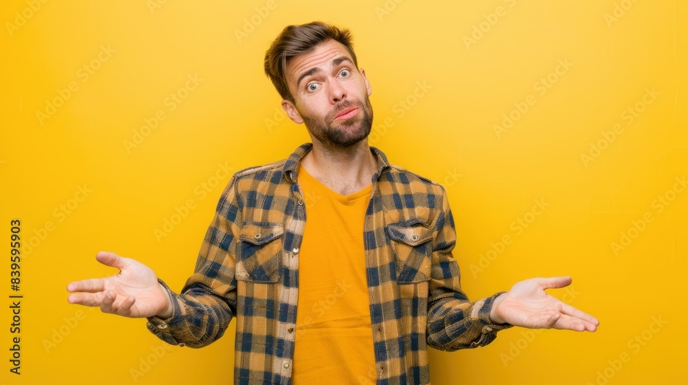 Portrait of a Stylish Man in Plaid Shirt with Hands Open on Vibrant Yellow Background