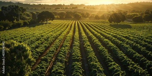 A field of grape vines with the sun shining on them
