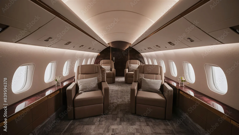luxury high-end private jest interior, first class flight, rich people lifestyle
