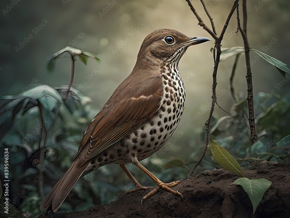 Fototapeta premium photo of a thrush posing on a branch