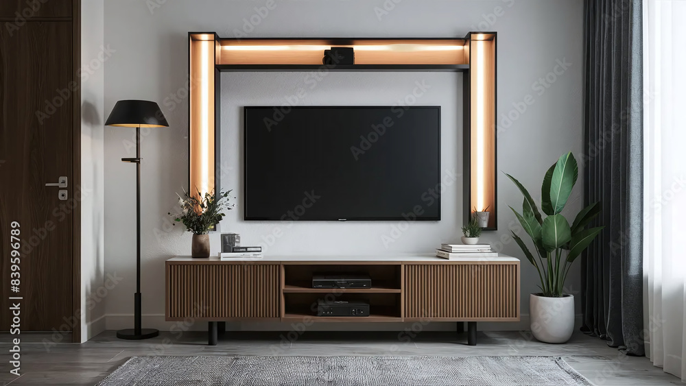 modern sleek white and brown TV rack with warm dimmed backlights, white wall, minimalist living room modern sleek white and brown TV rack with warm dimmed backlights, white wall, minimalist living room