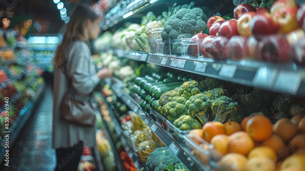 Fototapeta premium Fresh Broccoli Heads Variety in Double Exposure with Grocery Store, Focus on Different Sizes and Crisp Green Brightness