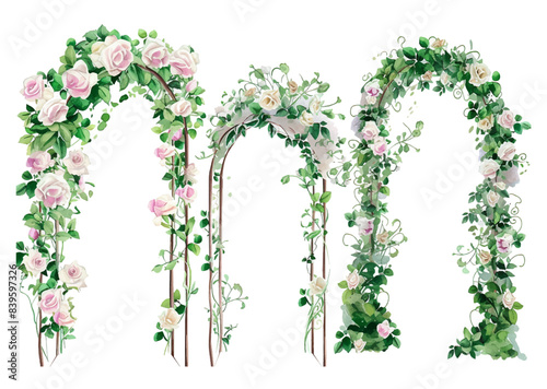 Watercolor green wedding venue arch landscape garden vector with blooming