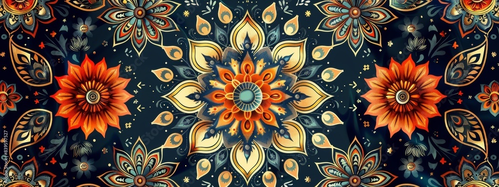 An intricate mandala pattern with paisley motifs and lotus flowers.