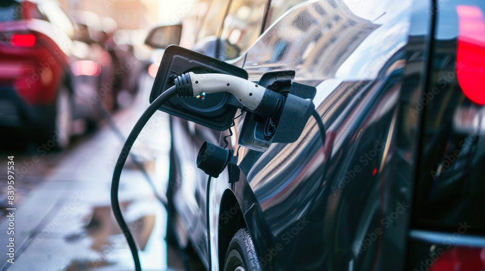 Charging electric car from side angle Charging electric car from side angle