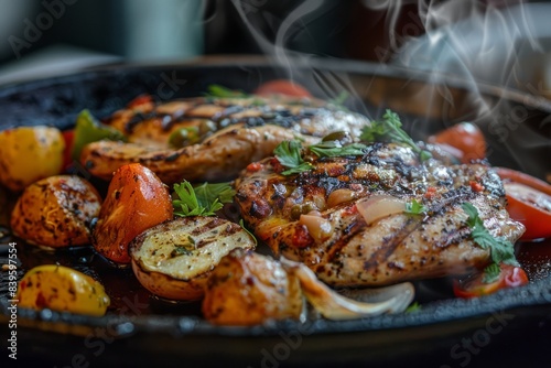 Grilling a chicken steak in a grill , barbeque , BBQ , sizzling
