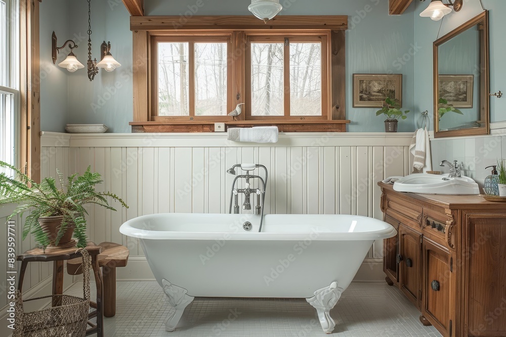 Fototapeta premium An elegant Craftsman bathroom with white beadboard walls and light blue walls The room features a pedestal sink with a porcelain basin