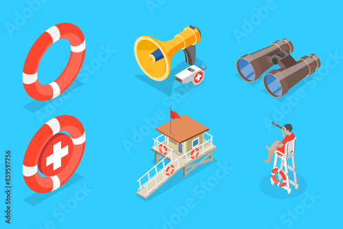 3D Isometric Flat Vector Set of Beach Lifeguard Equipment Elements, Water Rescue