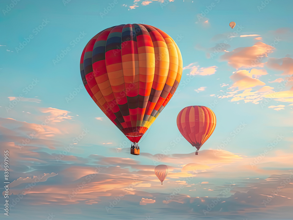 Fototapeta premium hot air balloon, of the sky flight in colorful summer sunset flying, adventure, travel in yellow and red balloons sport over the blue sky