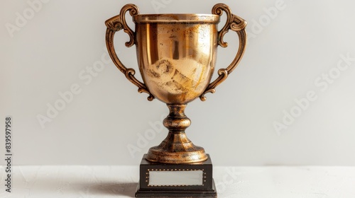 A golden trophy with two handles and a blank plaque on a black base white background