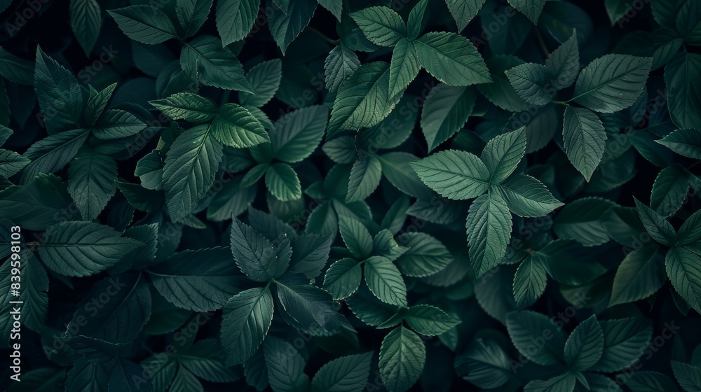 top view Abstract texture of green leaves, dark nature background,