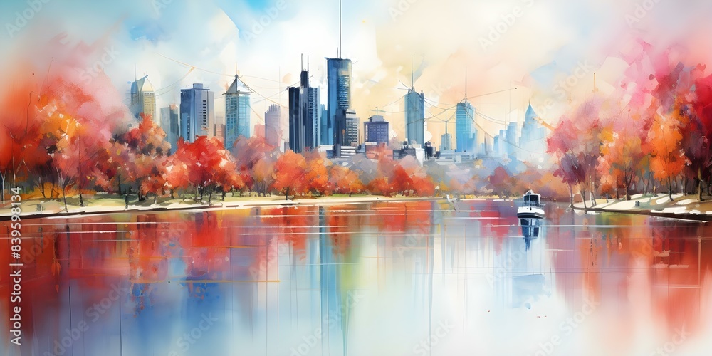 Obraz premium Vibrant abstract cityscape watercolor painting with digital art elements and 3D effects. Concept Cityscapes, Watercolor Painting, Digital Art, 3D Effects, Abstract Art
