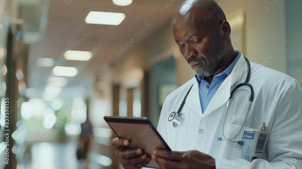 African American male doctor engages with his tablet African American male doctor engages with his tablet